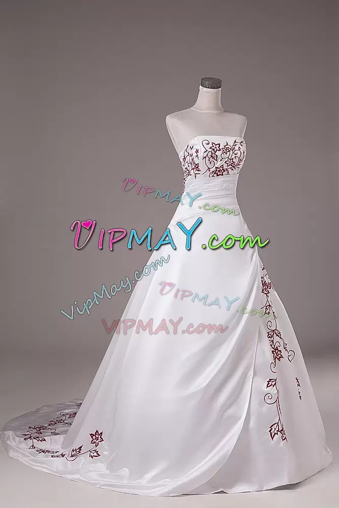 Attractive White Ball Gowns Satin Strapless Sleeveless Embroidery Lace Up Wedding Gown Brush Train