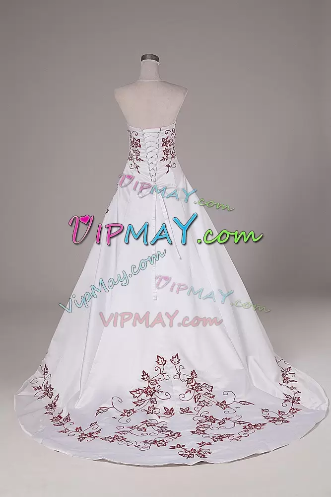 Attractive White Ball Gowns Satin Strapless Sleeveless Embroidery Lace Up Wedding Gown Brush Train