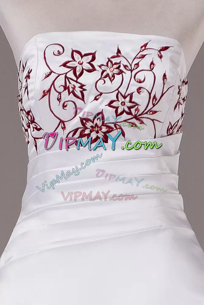 Attractive White Ball Gowns Satin Strapless Sleeveless Embroidery Lace Up Wedding Gown Brush Train