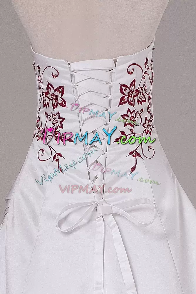 Attractive White Ball Gowns Satin Strapless Sleeveless Embroidery Lace Up Wedding Gown Brush Train