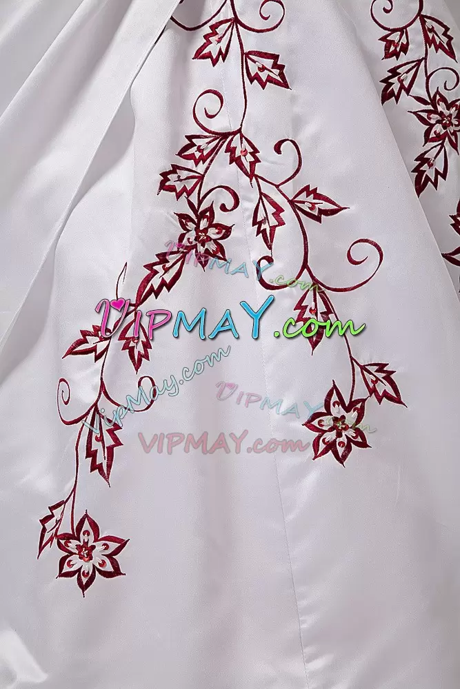 Attractive White Ball Gowns Satin Strapless Sleeveless Embroidery Lace Up Wedding Gown Brush Train