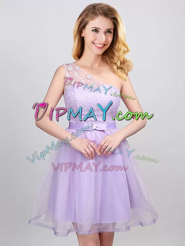 Mini Length Lace Up Dama Dress Lavender for Prom and Party and Wedding Party with Lace and Appliques and Belt