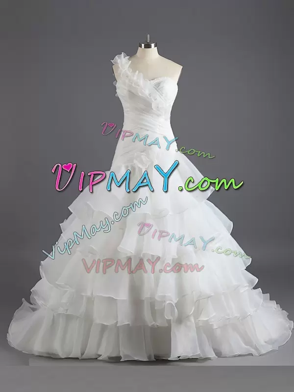 Informal One Shoulder Organza Wedding DressRuffled Layers and Ruching Court Train Lace Up