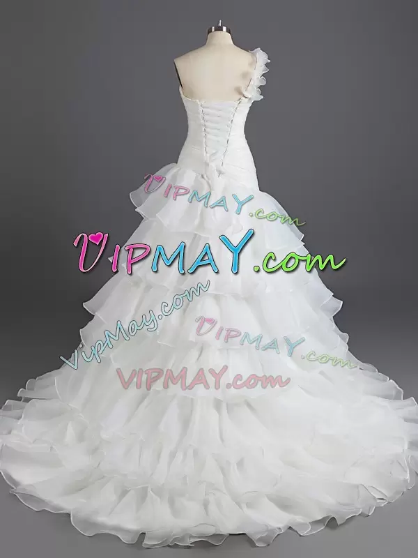 Informal One Shoulder Organza Wedding DressRuffled Layers and Ruching Court Train Lace Up