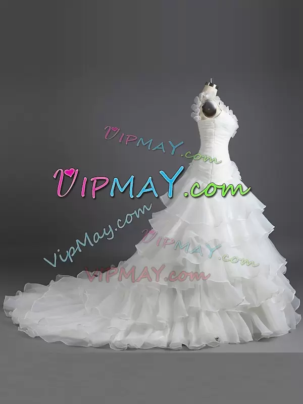 Informal One Shoulder Organza Wedding DressRuffled Layers and Ruching Court Train Lace Up