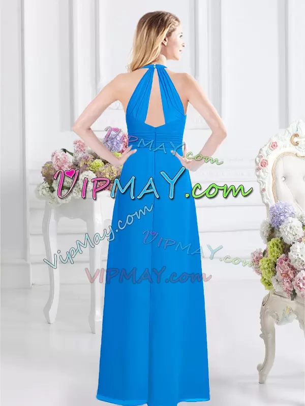 Baby Blue Empire Halter Top Sleeveless Chiffon Floor Length Zipper Ruching Wedding Party Dress