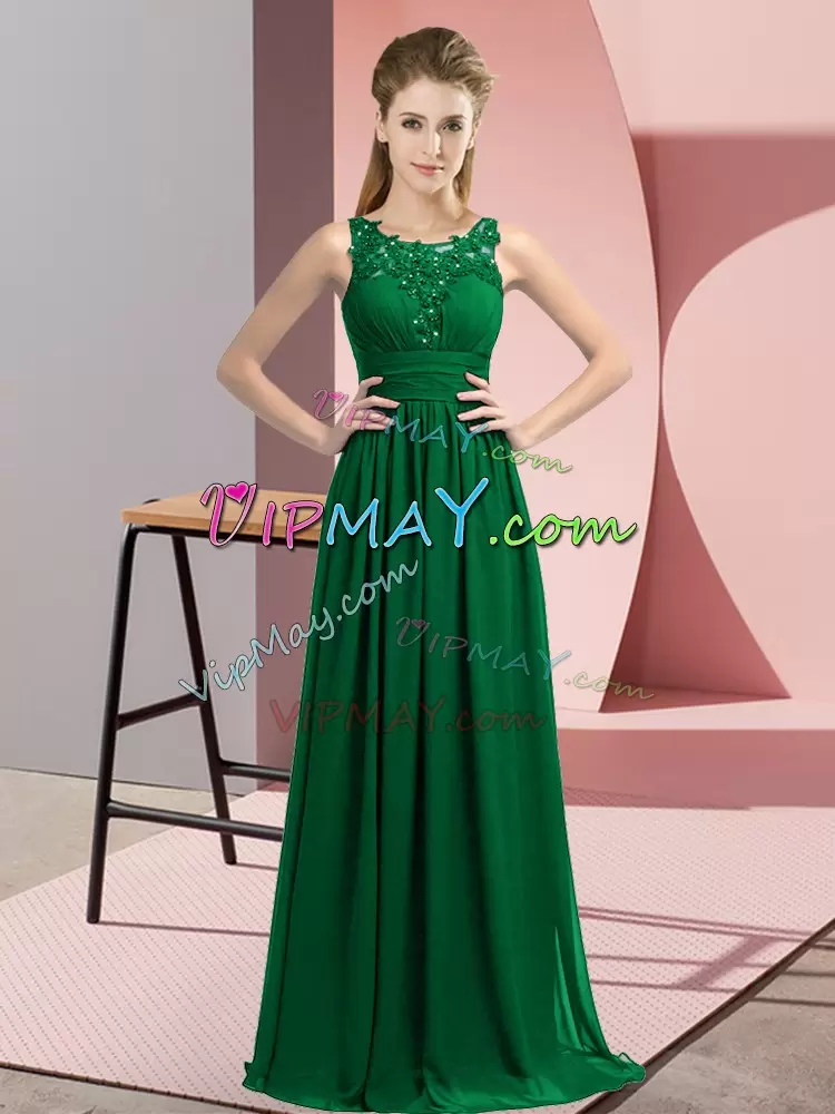 Dark Green Empire Scoop Sleeveless Chiffon Floor Length Zipper Beading and Appliques Wedding Guest Dresses