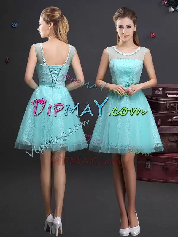 Sleeveless Mini Length Beading and Lace and Appliques and Belt Lace Up Bridesmaid Dress with Aqua Blue