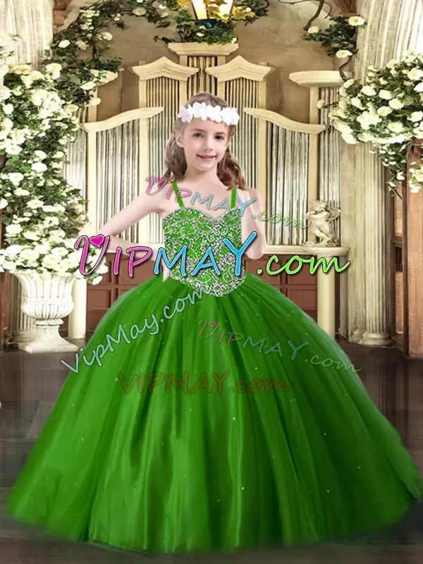 Customized Green Straps Neckline Beading Glitz Pageant Dress Sleeveless Lace Up