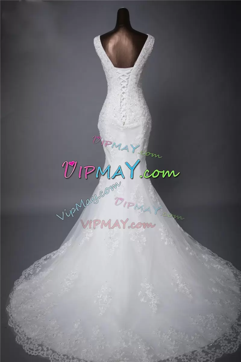 Mermaid Wedding Dresses White V-neck Tulle Sleeveless Floor Length Lace Up