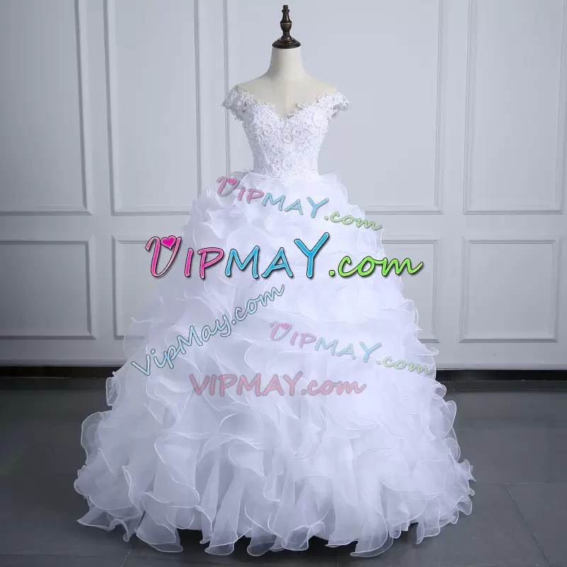 Gorgeous White Ball Gowns V-neck Sleeveless Organza With Brush Train Lace Up Beading and Ruffles Wedding Gowns