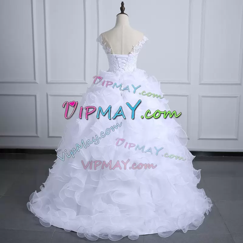 Gorgeous White Ball Gowns V-neck Sleeveless Organza With Brush Train Lace Up Beading and Ruffles Wedding Gowns