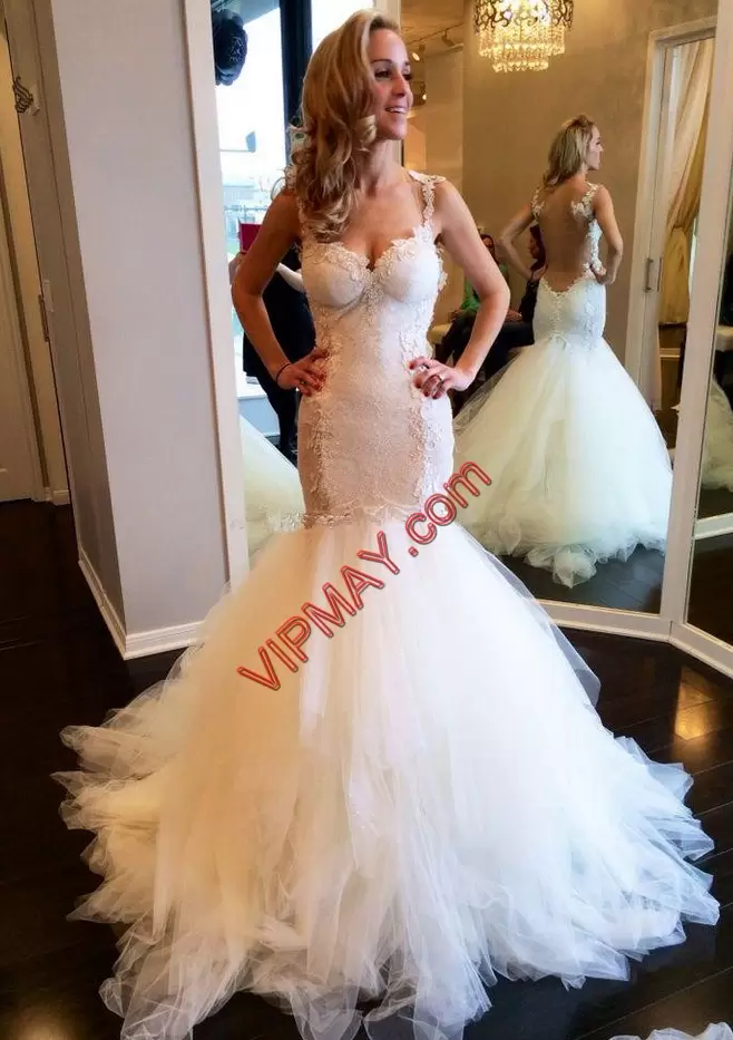 Eye-catching Sleeveless Straps Sweep Train Appliques and Ruffles Backless Wedding Dresses