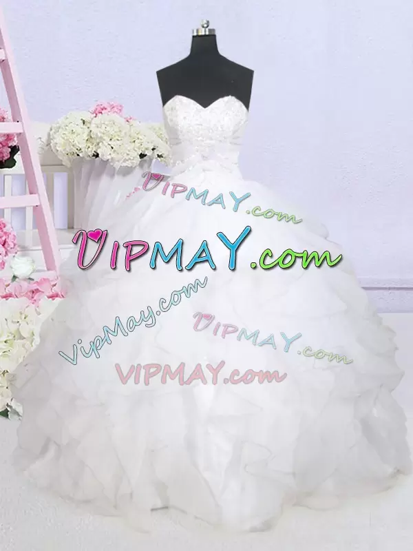 Latest White Organza Lace Up Sweetheart Sleeveless Wedding Dresses Brush Train Beading and Ruffled Layers