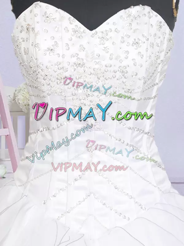 Latest White Organza Lace Up Sweetheart Sleeveless Wedding Dresses Brush Train Beading and Ruffled Layers