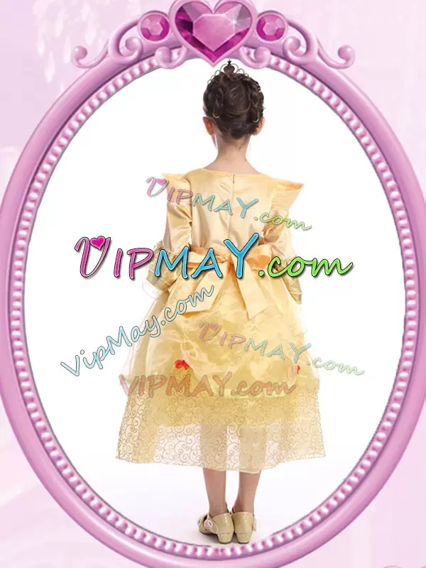 Elegant Gold A-line Scoop Long Sleeves Sequined Ankle Length Zipper Beading and Sequins Flower Girl Dress