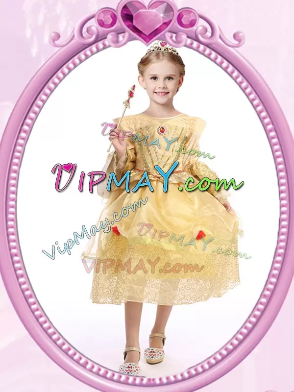 Elegant Gold A-line Scoop Long Sleeves Sequined Ankle Length Zipper Beading and Sequins Flower Girl Dress