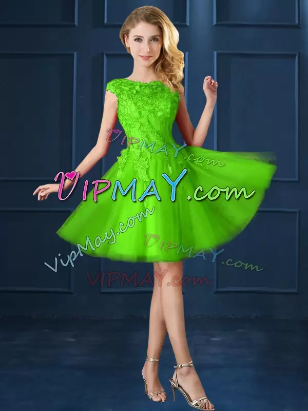 A-line Quinceanera Court of Honor Dress Bateau Tulle Cap Sleeves Knee Length Lace Up