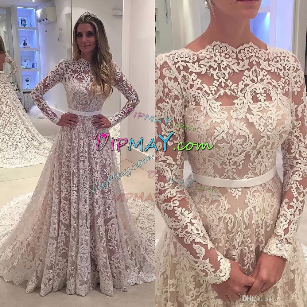 Custom Design Champagne A-line Scalloped Long Sleeves Sweep Train Backless Belt Bridal Gown