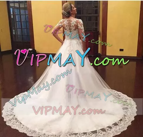 Clearance White Long Sleeves Tulle Court Train Clasp Handle Wedding Dress for Wedding Party