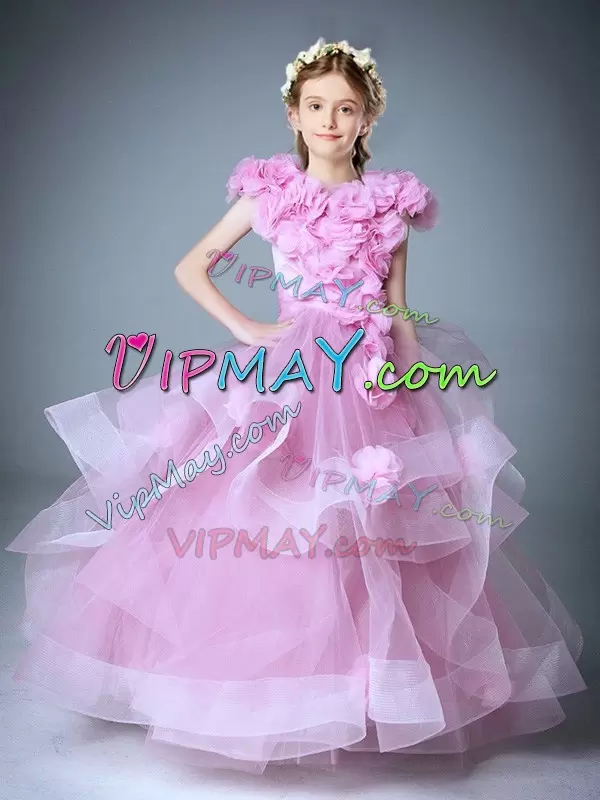 pink flower girl dress,pageant dress with 3d flowers,floral flower girl dress,ruffled flower girl dress,little girl pageant dress with ruffles,little flower girl dress for less,