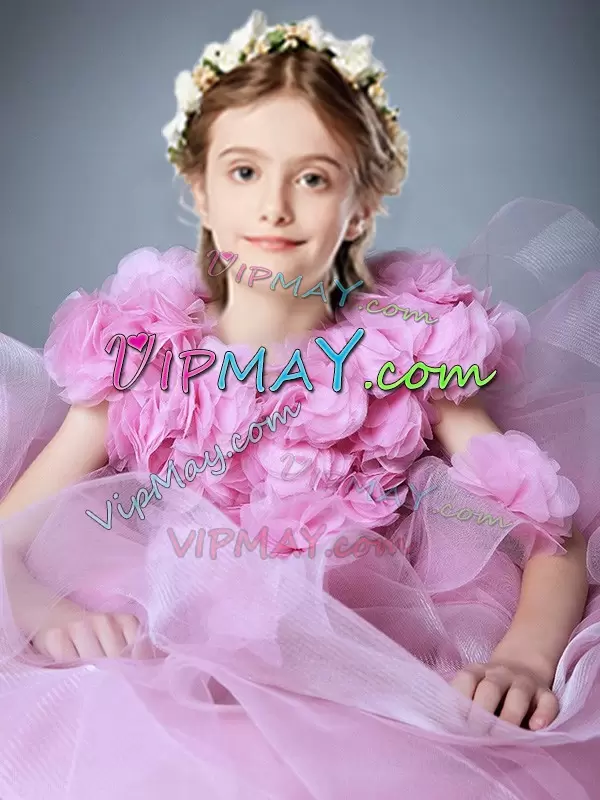 pink flower girl dress,pageant dress with 3d flowers,floral flower girl dress,ruffled flower girl dress,little girl pageant dress with ruffles,little flower girl dress for less,