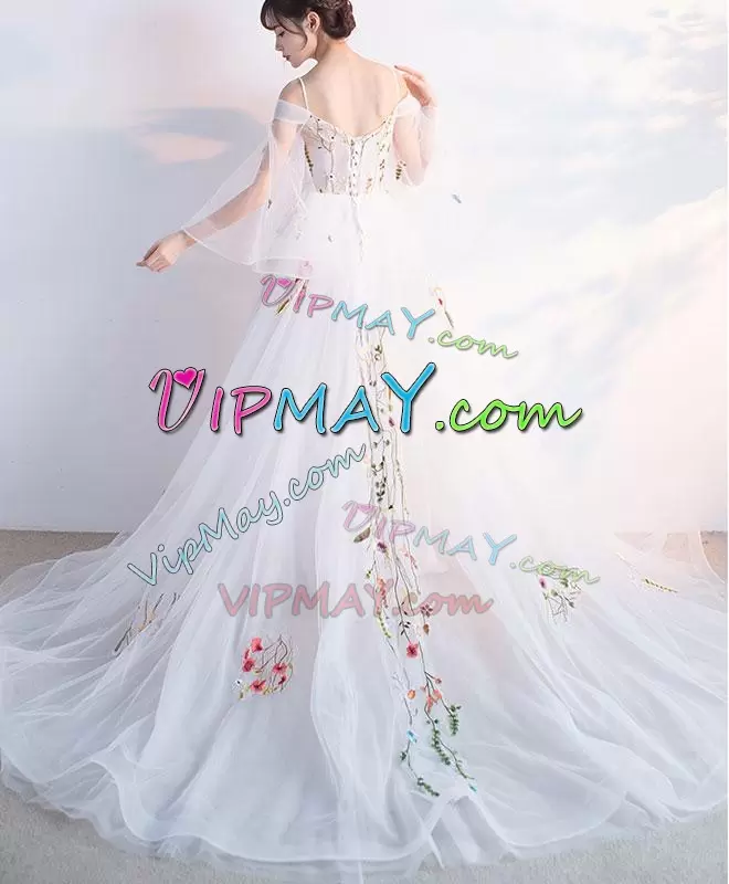 Fantastic White Sleeveless Tulle Court Train Lace Up Celebrity Dress for Beach and Wedding Party