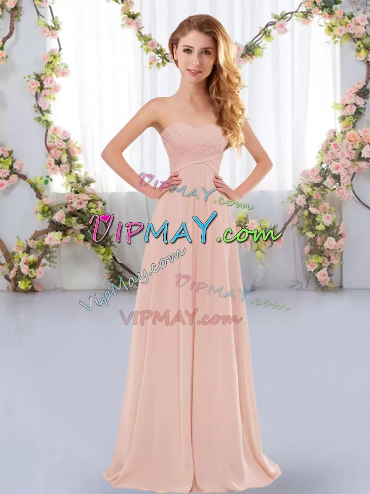 Sweetheart Sleeveless Wedding Guest Dresses Floor Length Ruching Pink Chiffon