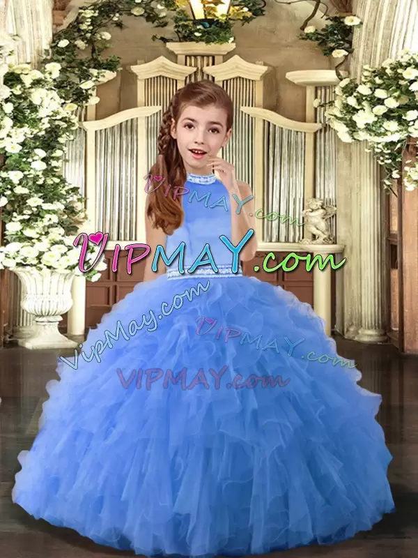 Blue Tulle Backless Halter Top Sleeveless Floor Length Little Girl Pageant Dress Beading