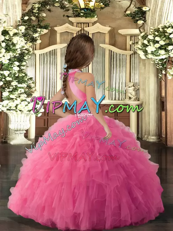 Blue Tulle Backless Halter Top Sleeveless Floor Length Little Girl Pageant Dress Beading