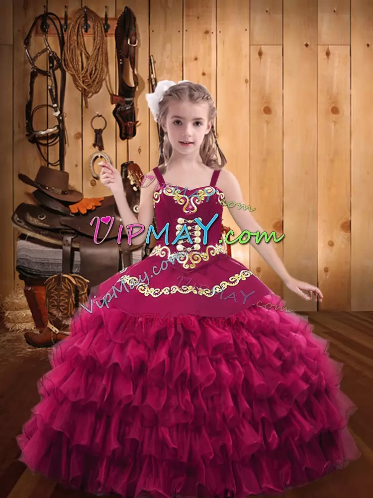 Fuchsia Ball Gowns Embroidery and Ruffled Layers Pageant Dress Lace Up Organza Sleeveless Floor Length