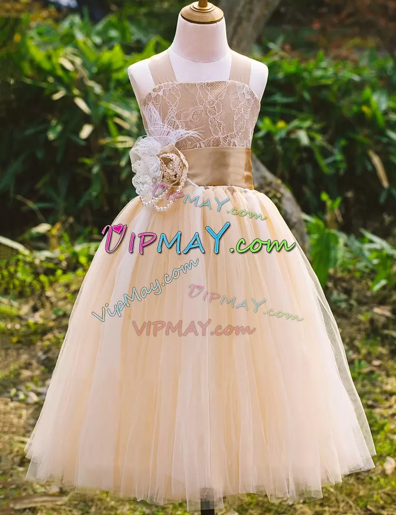 Designer Champagne Sleeveless Floor Length Lace Lace Up Toddler Flower Girl Dress Straps