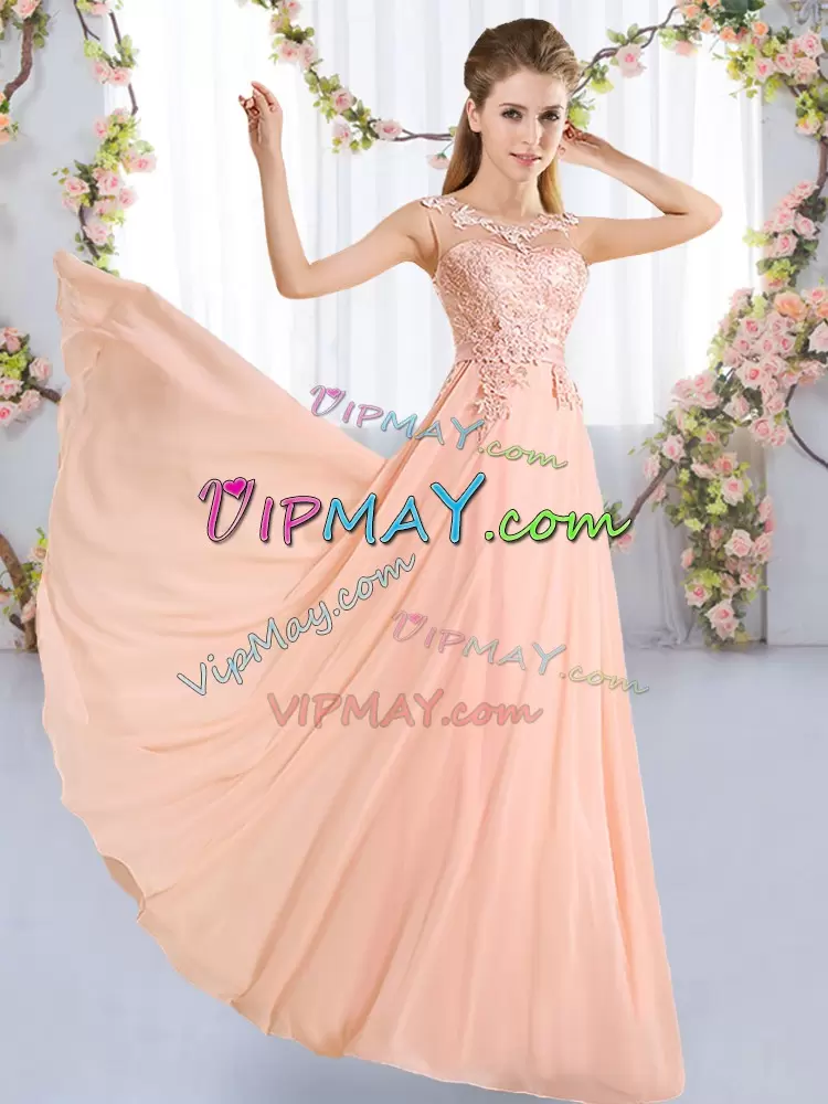 Peach Scoop Lace Up Lace Bridesmaid Dresses Sleeveless