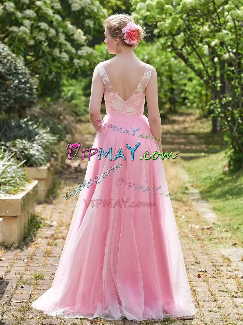 V-neck Sleeveless Sweep Train Lace Up Quinceanera Court of Honor Dress Pink and Peach Satin and Organza Beading and Lace