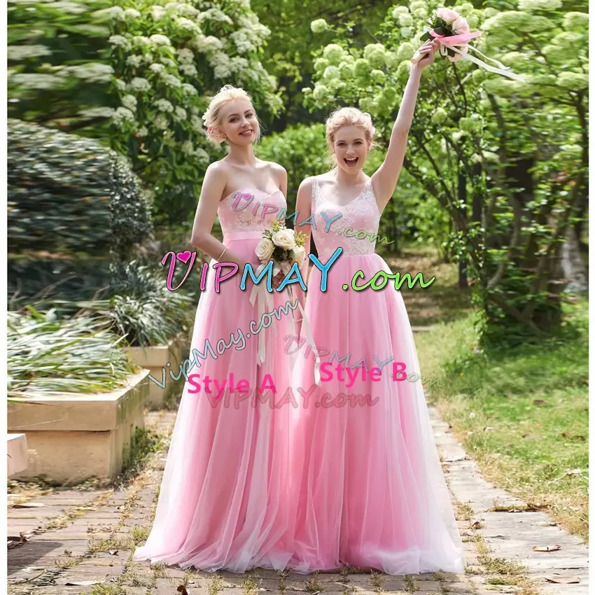 V-neck Sleeveless Sweep Train Lace Up Quinceanera Court of Honor Dress Pink and Peach Satin and Organza Beading and Lace