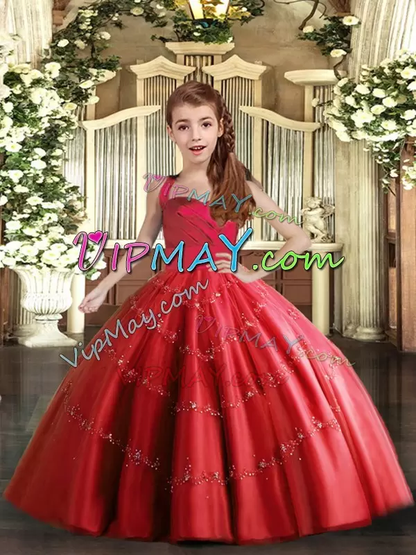 Top Selling Red Tulle Lace Up High School Pageant Dress Sleeveless Floor Length Beading