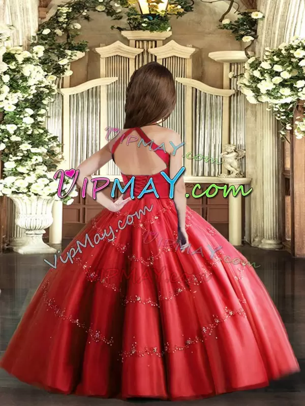 Top Selling Red Tulle Lace Up High School Pageant Dress Sleeveless Floor Length Beading