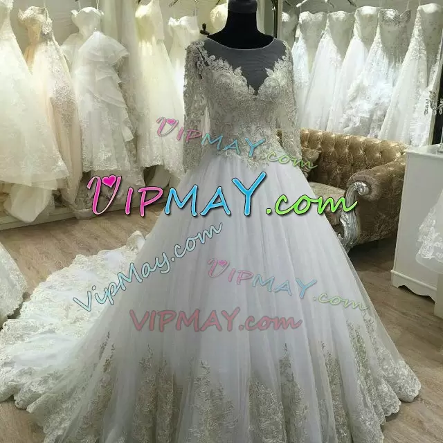 Simple Scoop Long Sleeves Chapel Train Lace Up Wedding Gowns White Tulle Lace and Appliques