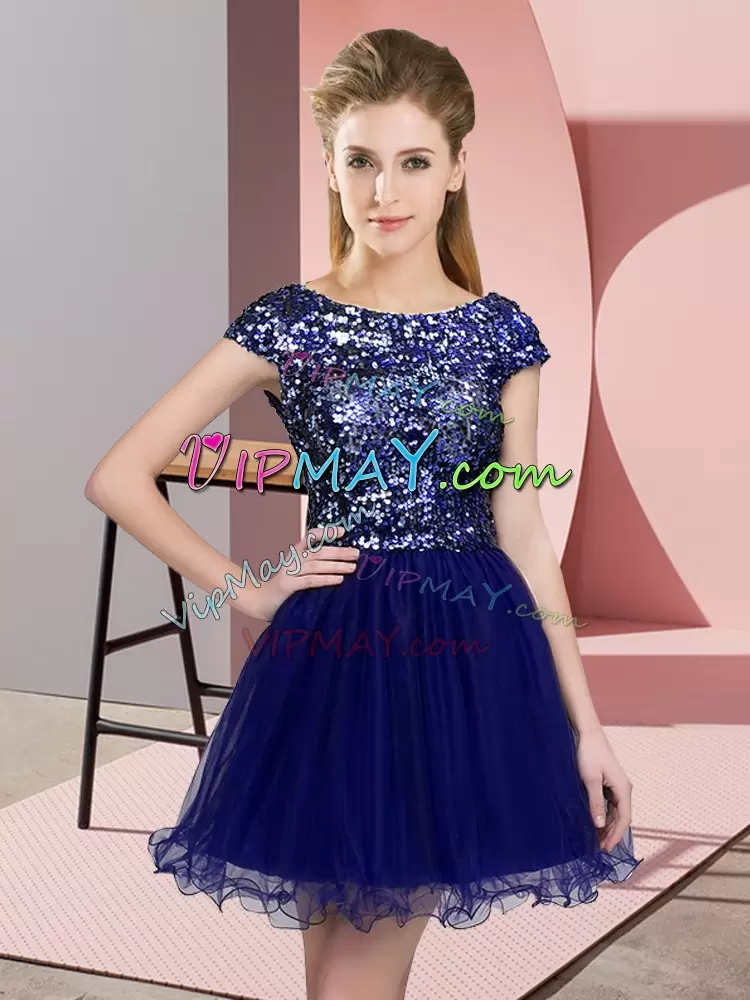 Most Popular Mini Length Zipper Bridesmaid Dress Blue for Prom and Party and Wedding Party with Sequins