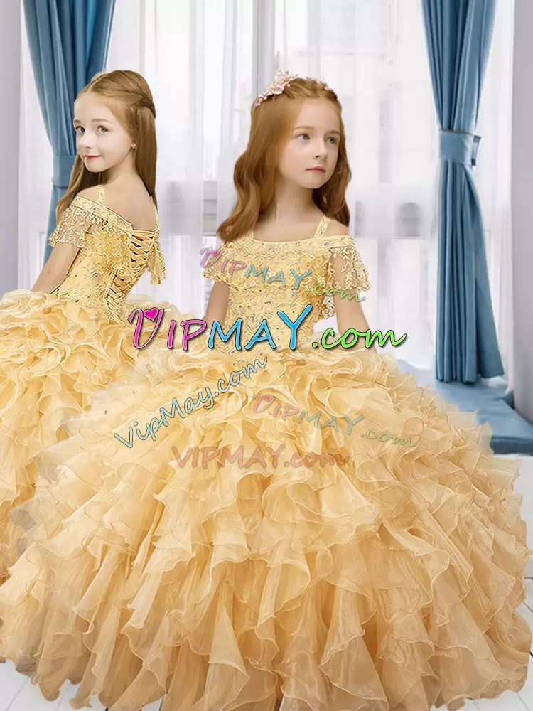 Fashion Gold Off The Shoulder Neckline Beading and Ruffles Pageant Gowns For Girls Sleeveless Lace Up