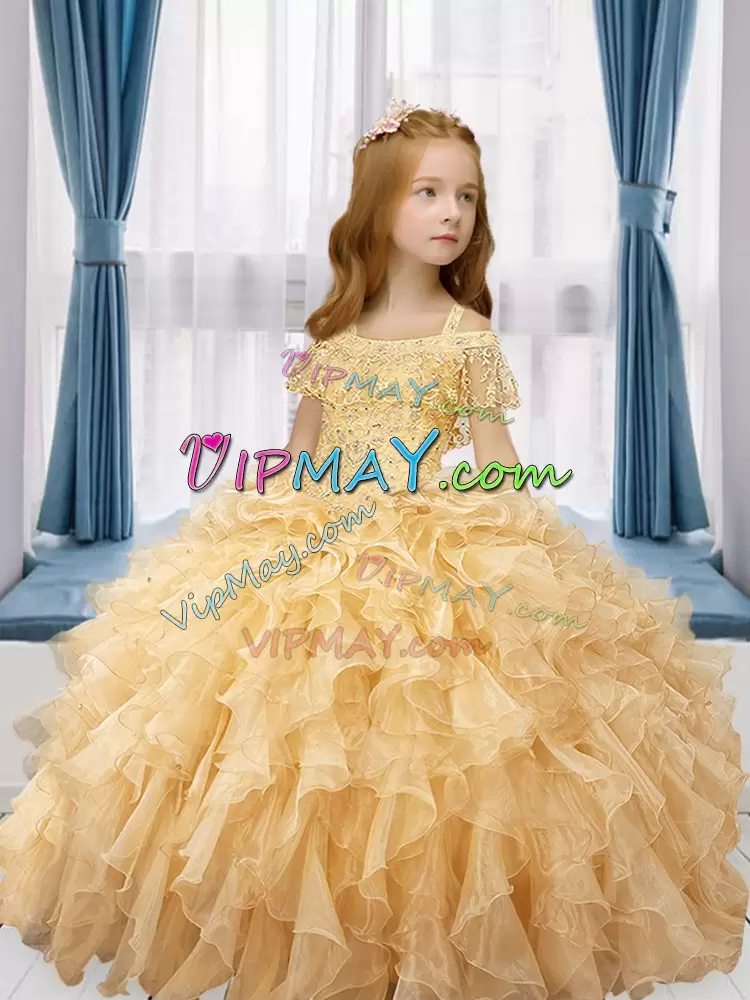 Fashion Gold Off The Shoulder Neckline Beading and Ruffles Pageant Gowns For Girls Sleeveless Lace Up