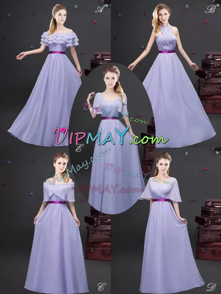 Fancy Sleeveless Floor Length Ruffled Layers and Ruching and Belt Zipper Bridesmaids Dress with Lavender