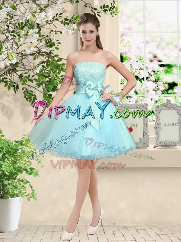 Adorable Knee Length Aqua Blue Bridesmaid Gown Organza Sleeveless Lace and Belt