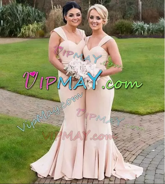 Dramatic Brush Train Mermaid Bridesmaid Dress Pink Straps Satin Sleeveless Lace Up