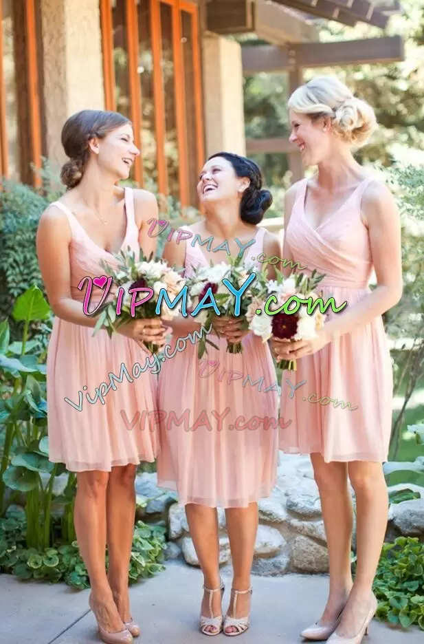 Chiffon V-neck Sleeveless Ruching Bridesmaid Dress in Pink