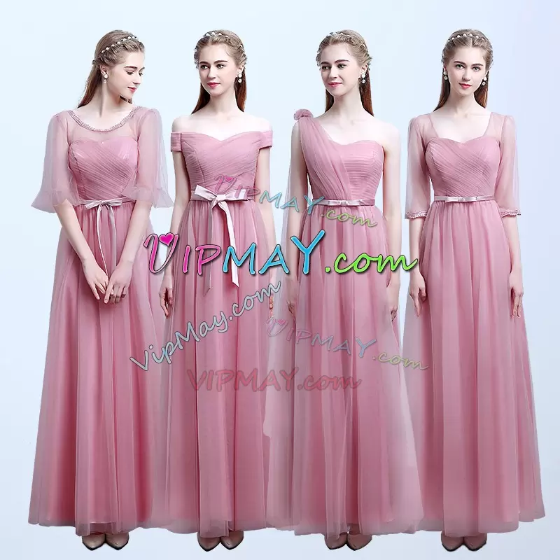 Pink Bridesmaids Dress Party and Wedding Party with Ruching and Belt Scoop Half Sleeves