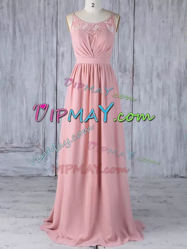 Captivating Sleeveless Chiffon Floor Length Criss Cross Quinceanera Dama Dress in Pink with Appliques