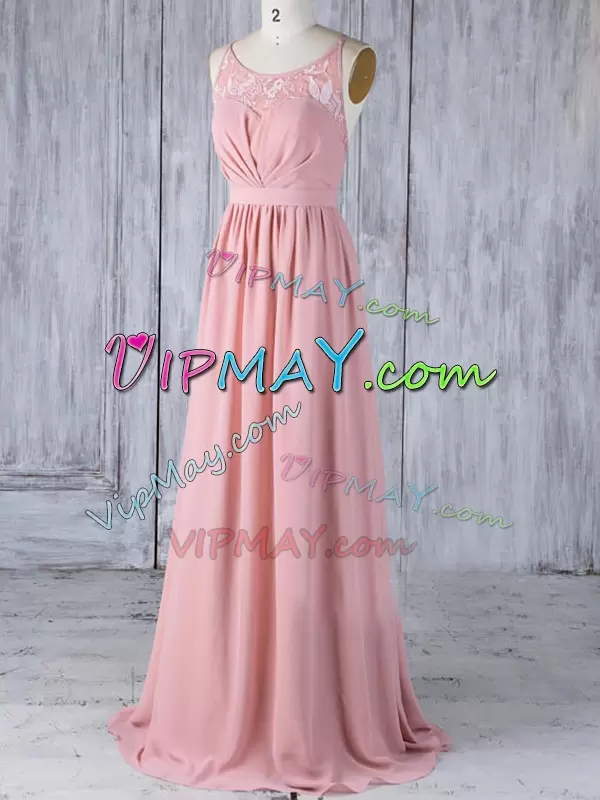 Captivating Sleeveless Chiffon Floor Length Criss Cross Quinceanera Dama Dress in Pink with Appliques