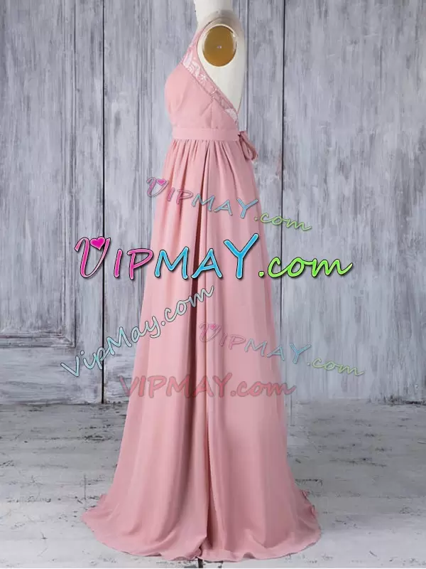 Captivating Sleeveless Chiffon Floor Length Criss Cross Quinceanera Dama Dress in Pink with Appliques