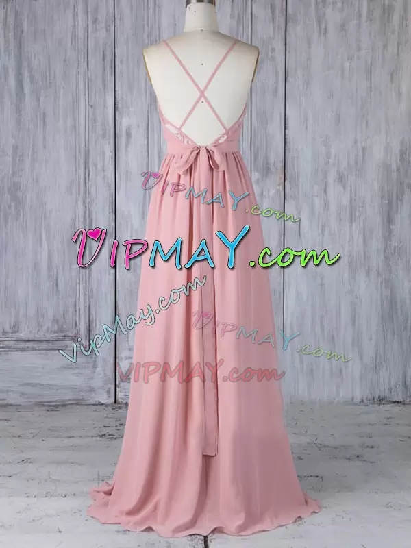 Captivating Sleeveless Chiffon Floor Length Criss Cross Quinceanera Dama Dress in Pink with Appliques